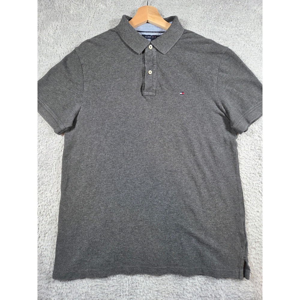 Tommy Hilfiger Polo Shirt Large Gray Mens Short Sleeve Pique Cotton Logo